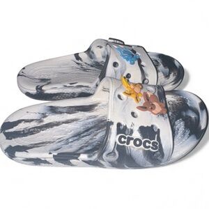 CROCS Black and White Marble Slides with Fun Charms